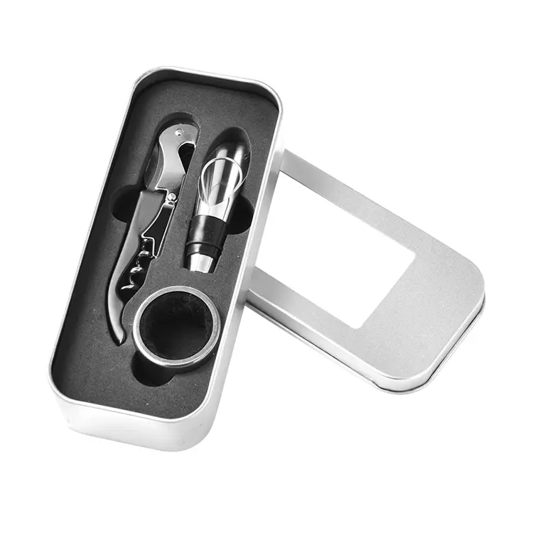 Accesorios de vino de 3pcs con caja de vinos de caja de lata de ventana